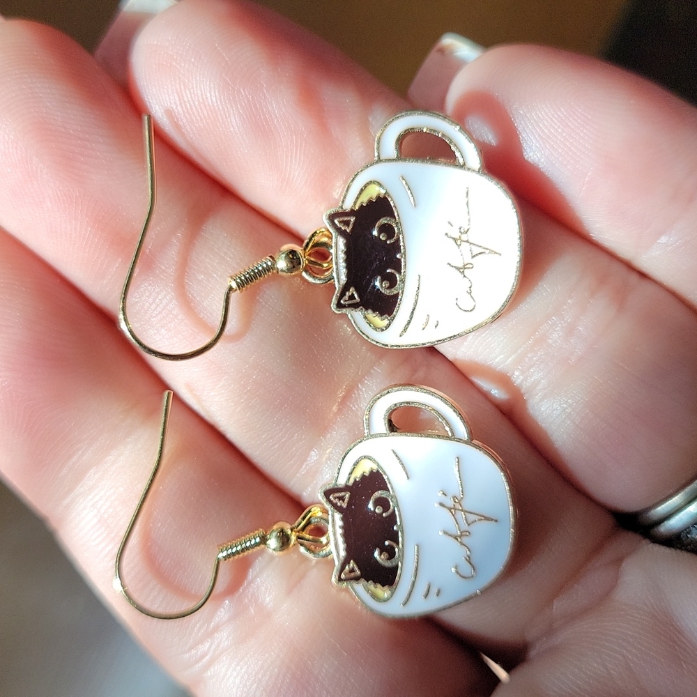 Black Cat in a Latte Cup Cute Dangle Earrings - Picture 3 of 4